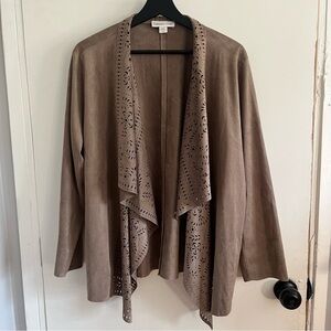 Coldwater Creek Faux Suede Drape Open Front Eyelet Duster Cardigan Jacket PXL